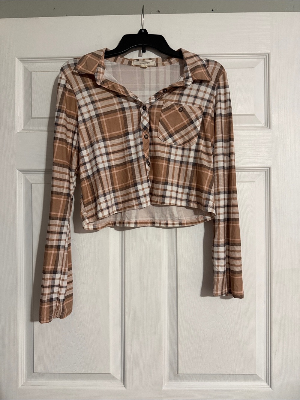 Cropped Brown Plaid Button-Up Shirt size M